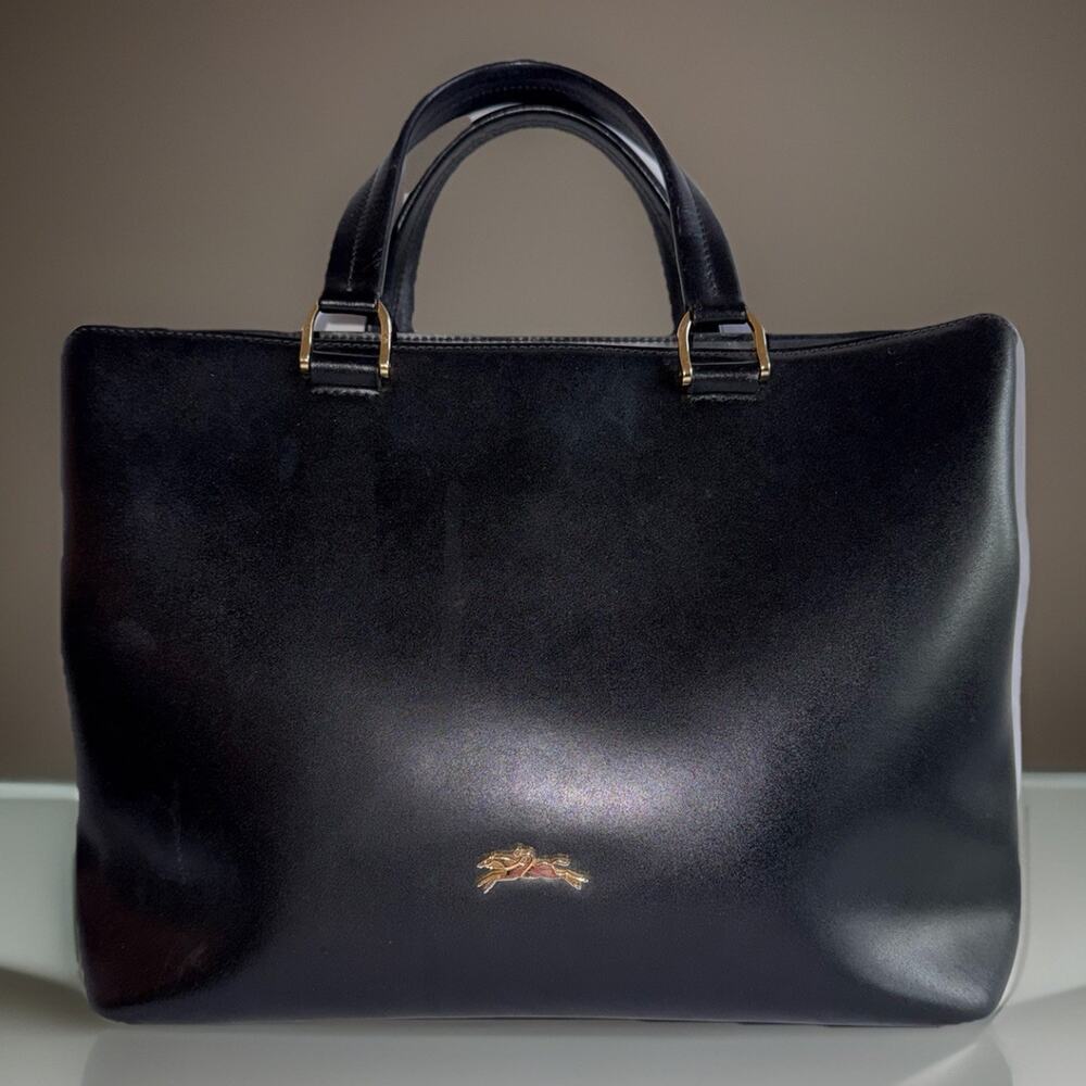 Longchamp Honore Black Leather Double Top Handle Gold Logo Quiet Luxury Bag